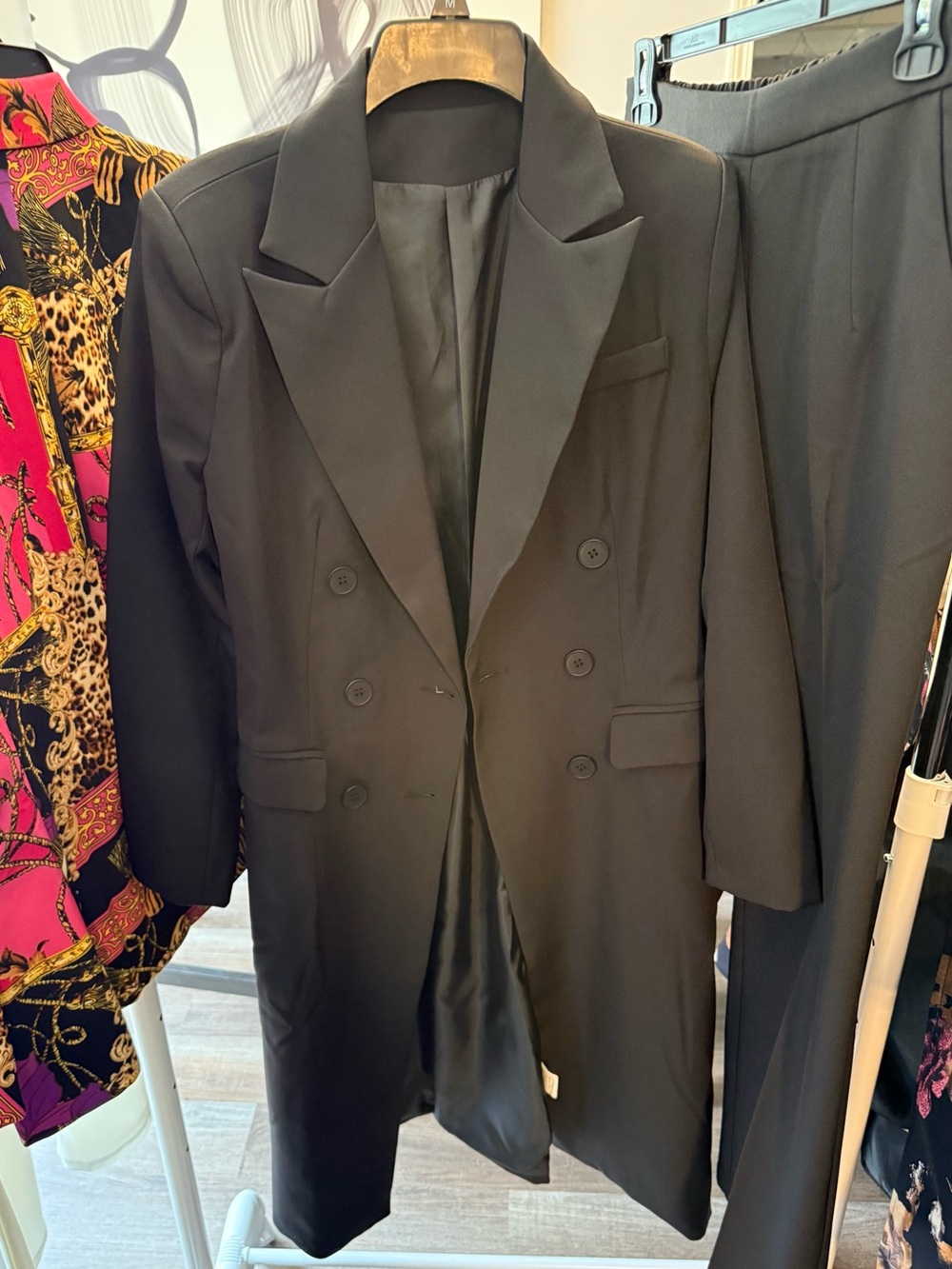 Trendy Black Double-Breasted Long Blazer & Pant set